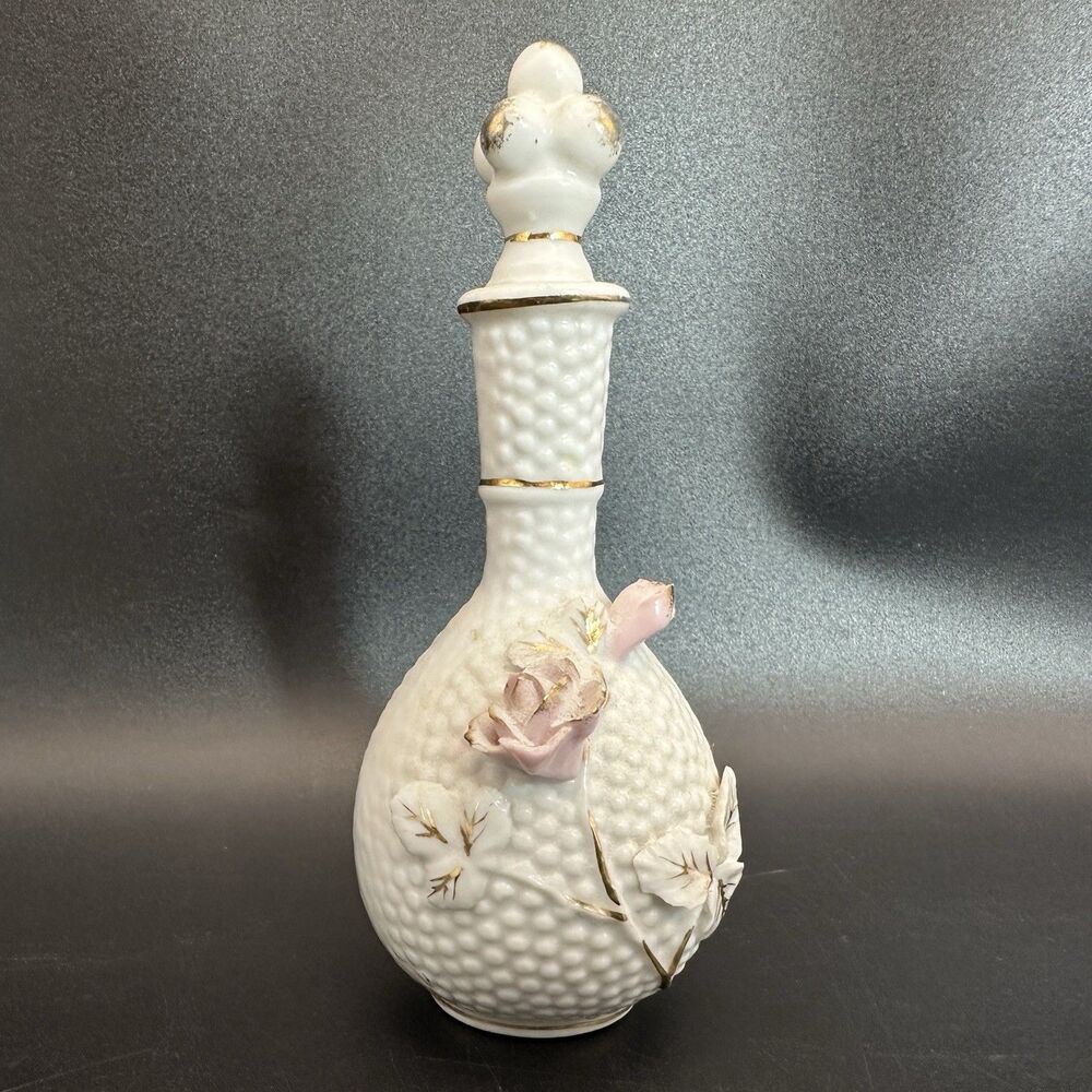 Vintage Japan Porcelain Perfume Bottle Original Stopper Pink Roses Coquette 5.5”